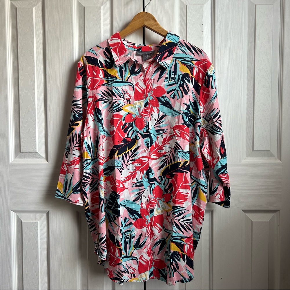 Jessica London pink linen tropical floral art to wear blouse art to wear